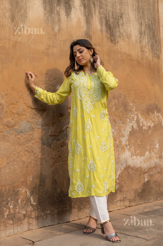 Zibaa Modal Olive Green Long Chikankari Kurti | Grab2Buy