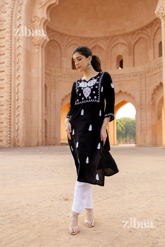 Zibaa Modal White & Black Chikankari Kurti | Grab2Buy