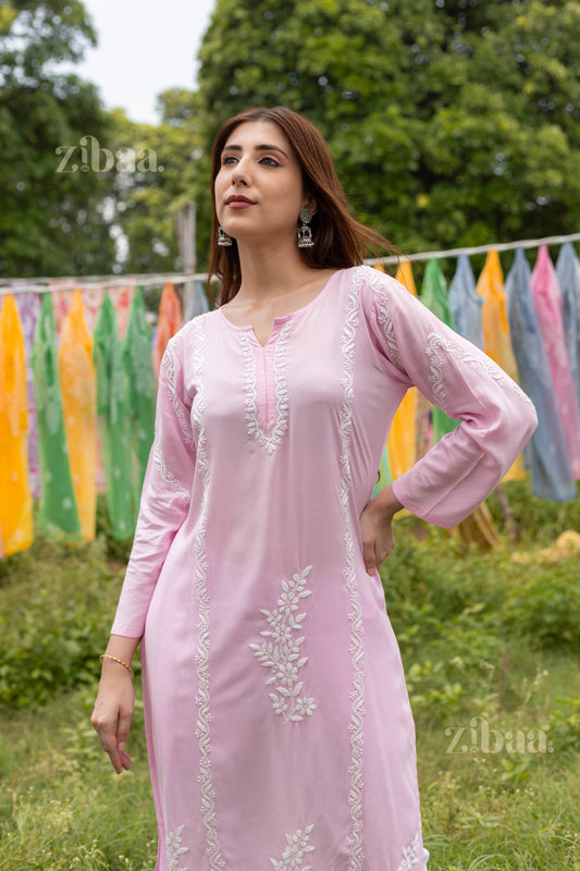 Zibaa Modal Pink Chikankari Kurti | Grab2Buy