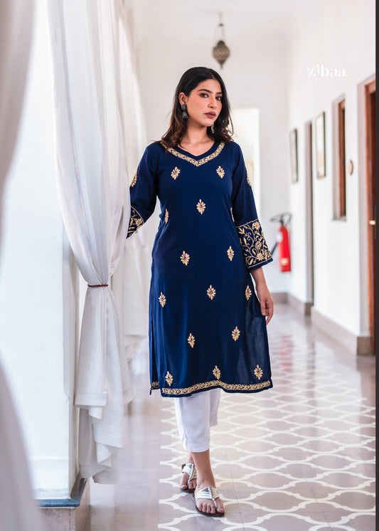 Zibaa Blue & Gold Luxury Rayon Chikankari Kurta | Grab2Buy