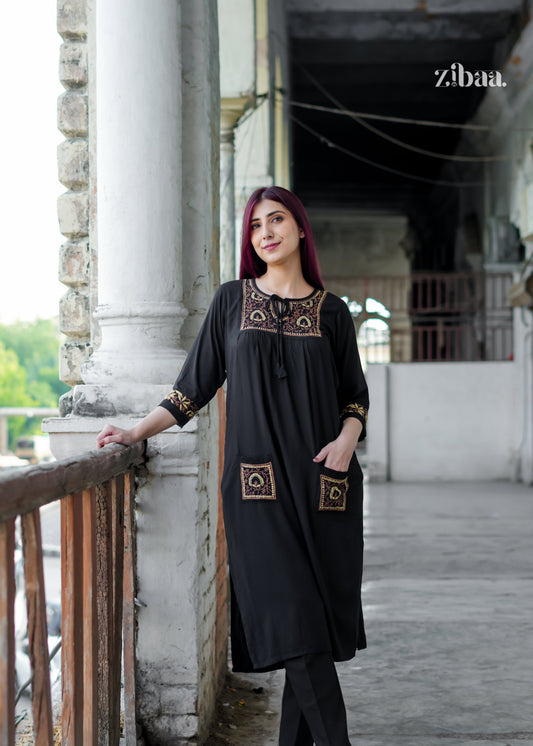 Zibaa Black & Gold Rayon Chikankari Kurta | Grab2Buy