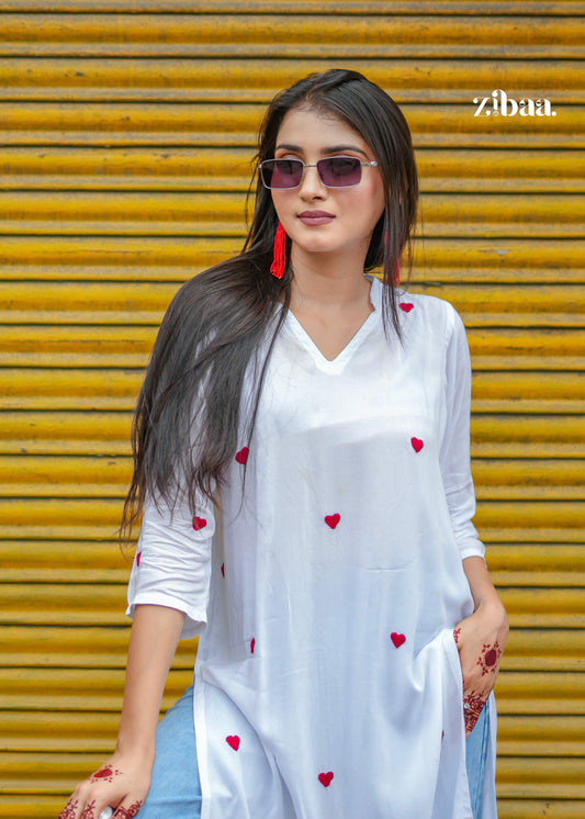 Zibaa White & Red Modal Chikankari Kurta | Grab2Buy