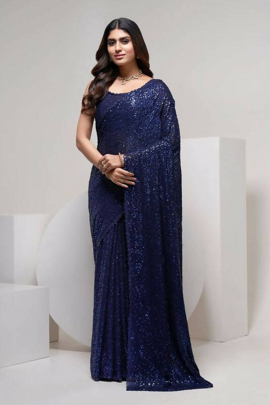 Aastha Fashion Women's Blue Thread & Multi Sequins Embroidery Work Georgette Saree with Blouse - Grab2buy