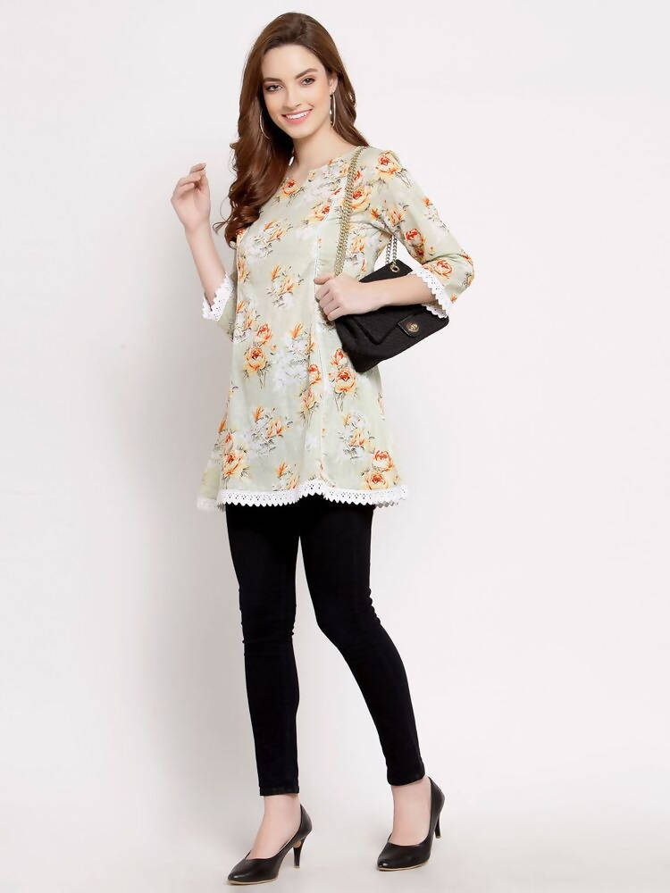 Myshka Women's Off White Cotton 3/4 Sleeve Round Neck Printed Casual Tunic