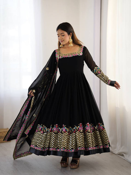Prazu Fashion Black Georgette Embroidered Sequence Anarkali Suit