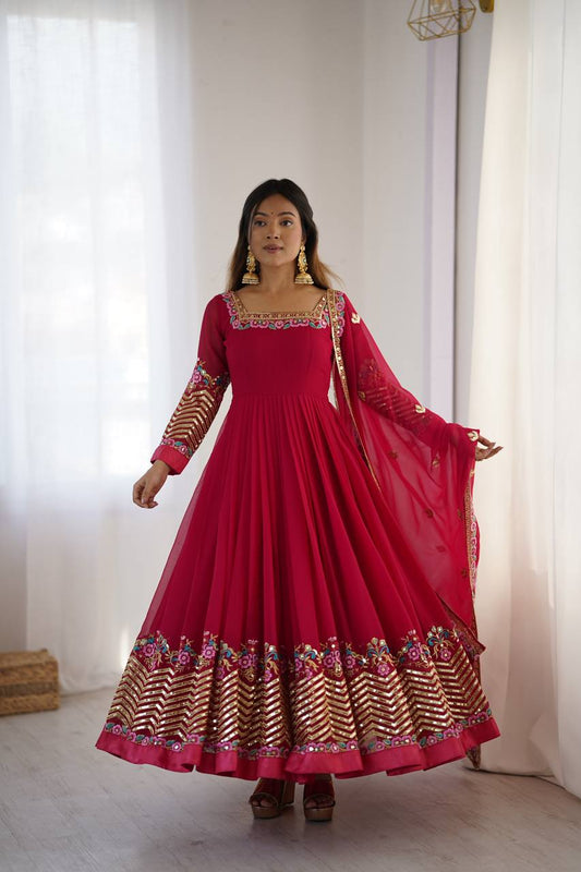 Prazu Fashion Rani Pink Georgette Embroidered Sequence Anarkali Suit