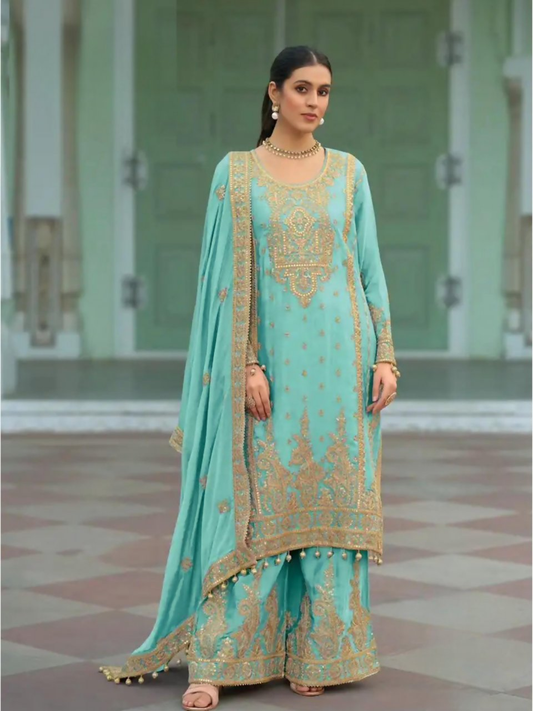Anaita Sky-Blue Heavy Chinon Readymade Palazzo Suit with Heavy Embroidery Work