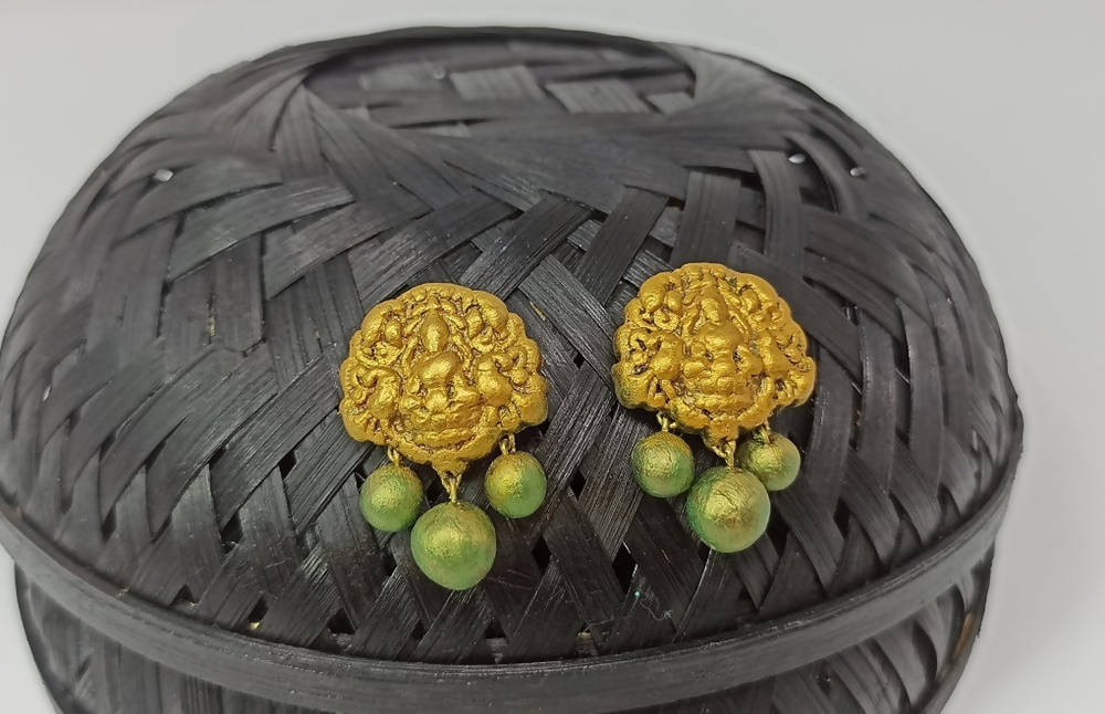 Terracotta Lakshmi Devi Studs With Dangles-Golden Green
