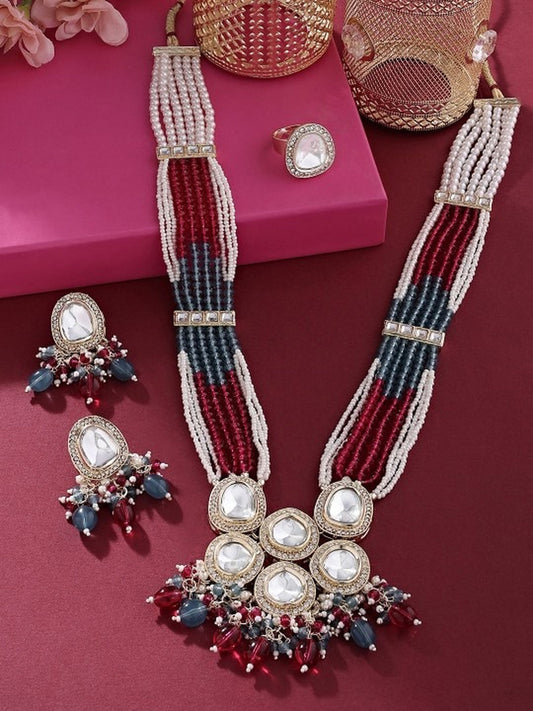 Jewel City Multicolor Beaded Kundan Necklace Set with Earrings Pearl Layered Traditional Gold-Plated Jewelry Set | Grab2Buy