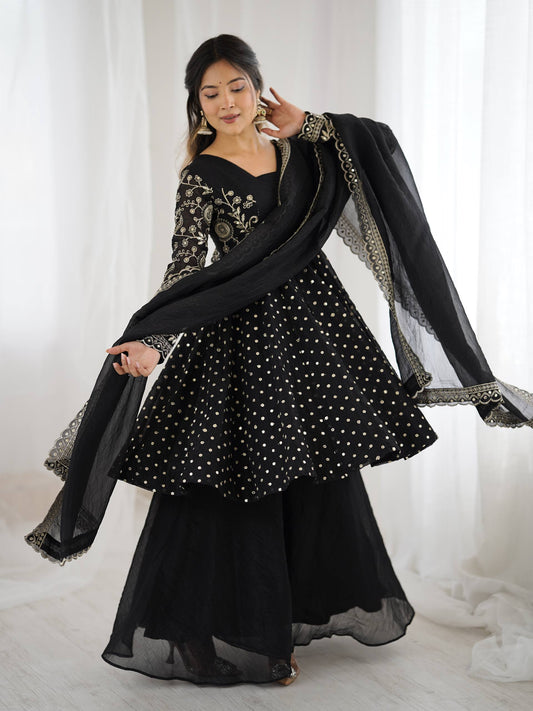 Prazu Fashion Black Crunchy Silk Embroidered Designer Sharara Suit