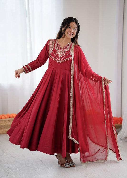 Prazu Fashion Red Roman Silk Coding Work Anarkali Suit