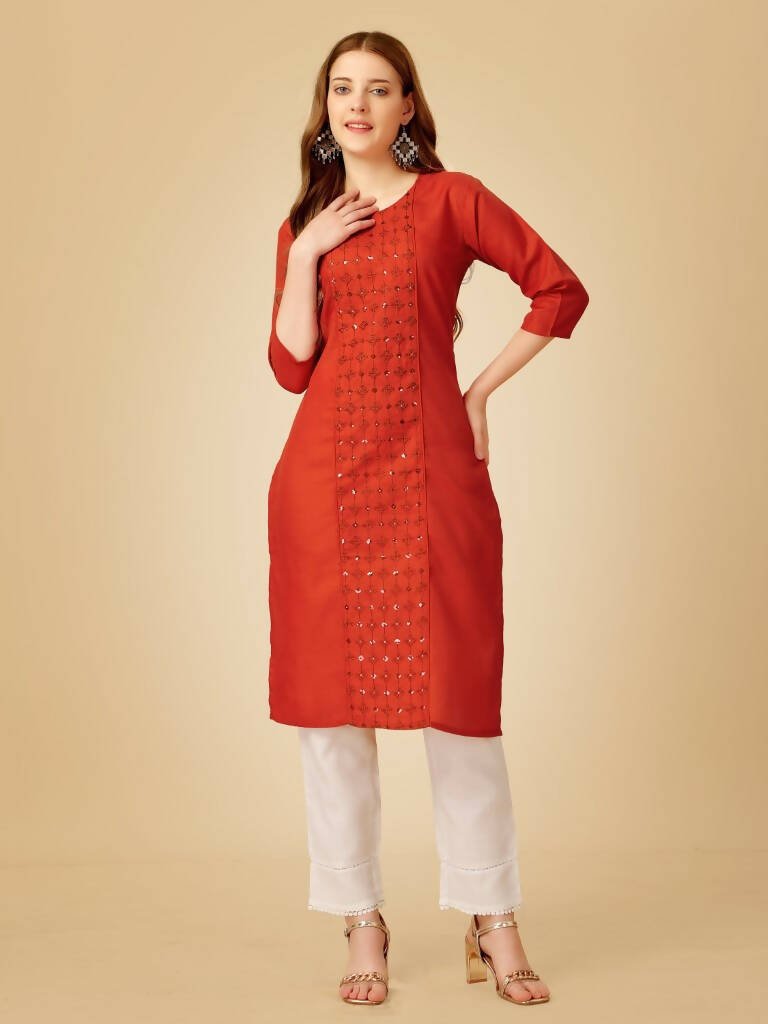 Aastha Fashion Women's Rust Cotton Blend Embroidered Kurta Pant Set - Grab2buy