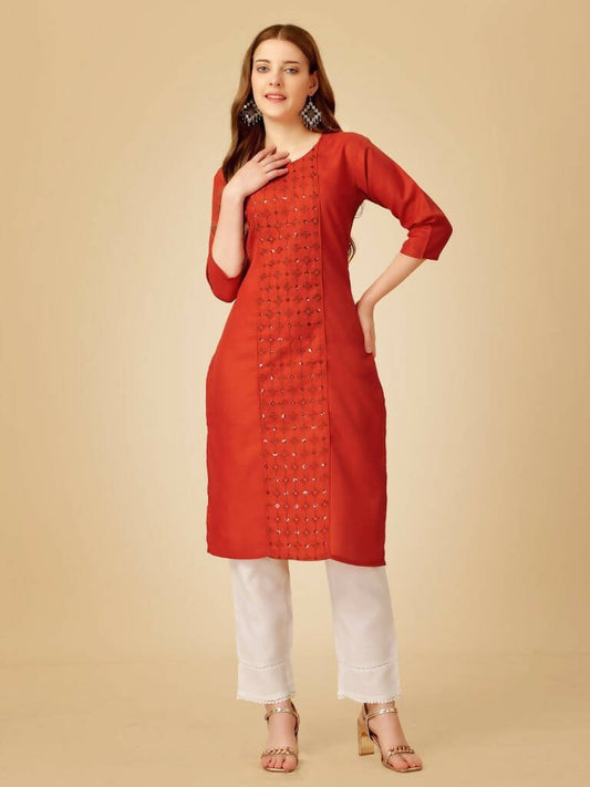 Aastha Fashion Women's Rust Cotton Blend Embroidered Kurta Pant Set - Grab2buy