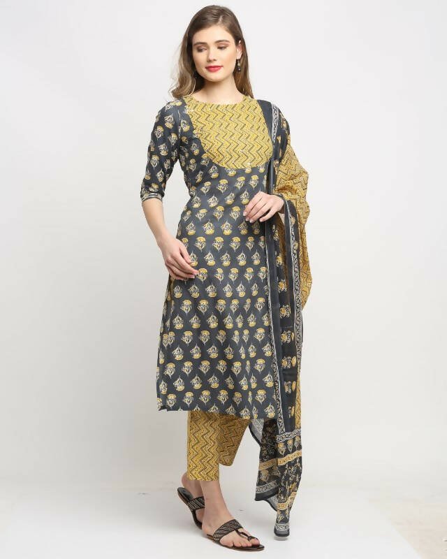 Aastha Fashion Women's Dark Grey Cotton Embroidered Kurta with Trouser & Dupatta - Grab2buy