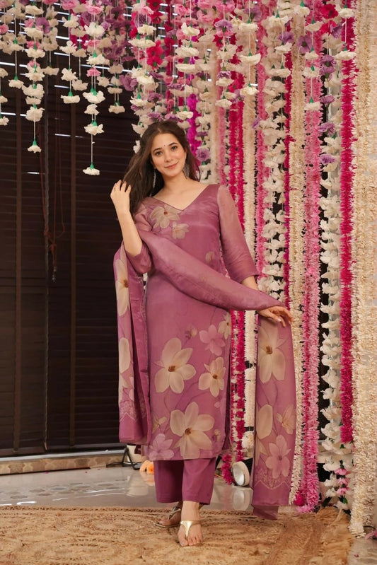 The52 Onion Gorgeous Floral Printed Zarna Silk Fabric Straight Kurta Pant with Dupatta Set | Grab2Buy