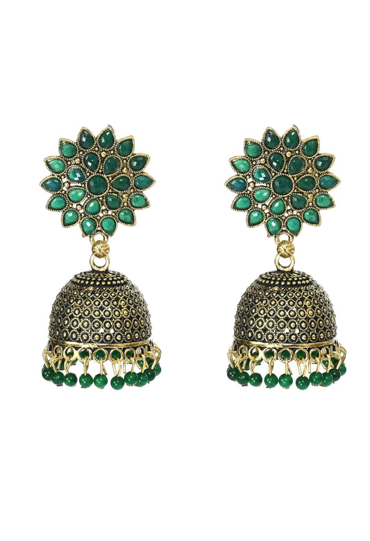 Mominos Fashion Johar Kamal Beautiful Kundan Work Jhumka With Green Beads - Grab2buy