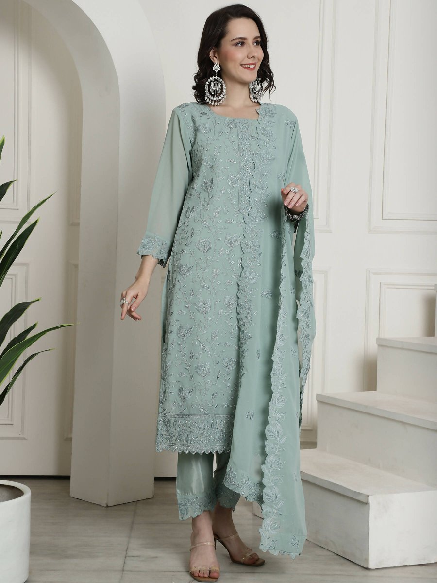 Aastha Fashion Women's Green Georgette Floral Resham Thread with Cording & Crystal work Kurta with Trouser & Dupatta - Grab2buy