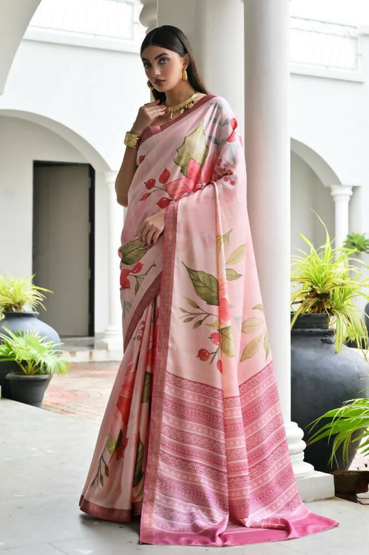 Vishnu Weaves Women's Pink Satin Silk Printed Saree with Blouse