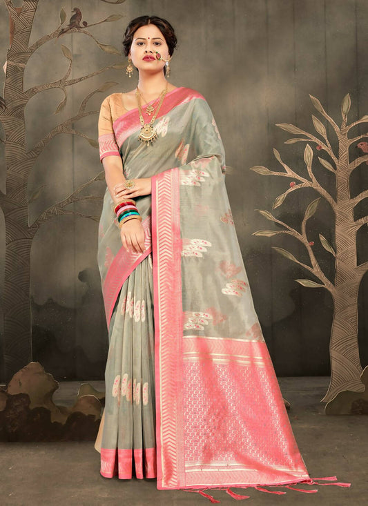 Grey Cotton Zari Woven Design Saree with Unstitched Blouse Piece - Aachal