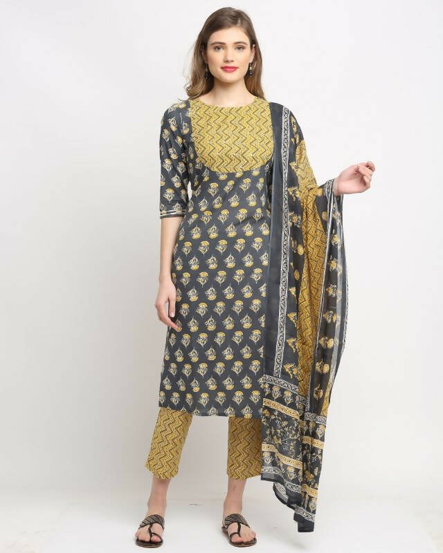 Aastha Fashion Women's Dark Grey Cotton Embroidered Kurta with Trouser & Dupatta - Grab2buy