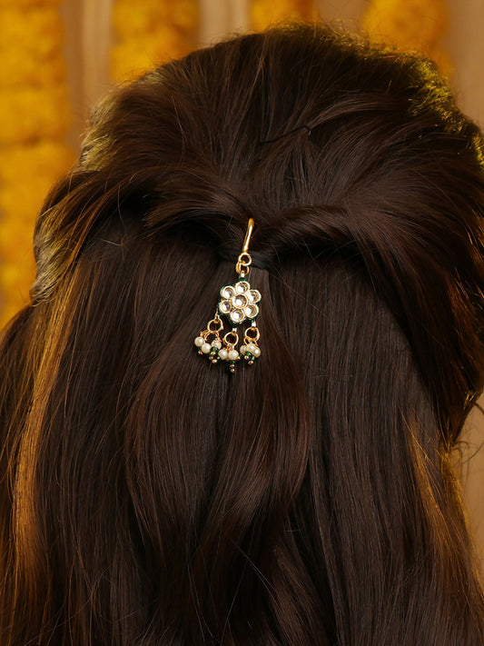 Ruby Raang Hair Brooch With Flower Kundan Pearl