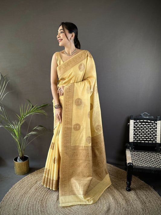 Joban Fashion Yellow Floral & Paisley Linen Silk Banarasi Saree