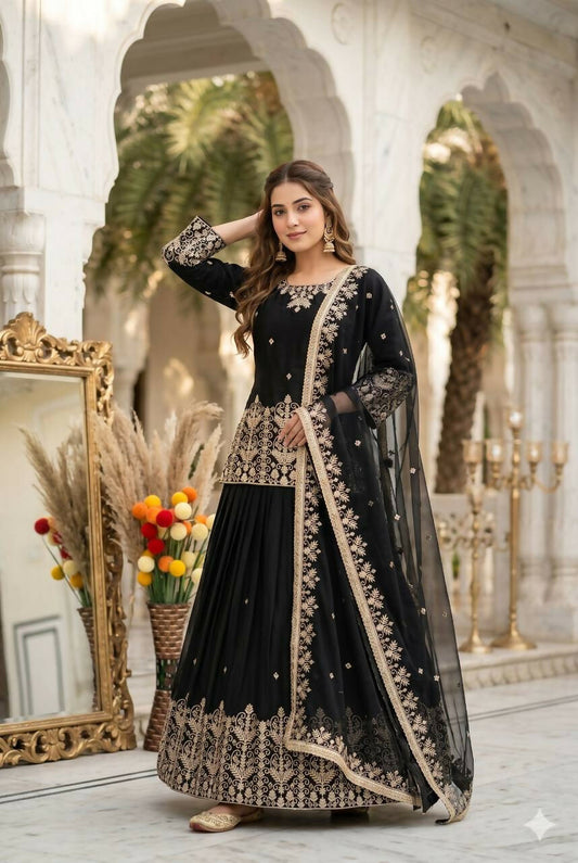 Teeya Creation New Trendy Heavy Embroidery Sequence Work With Real Mirror Hand Work Lehenga Set- Black
