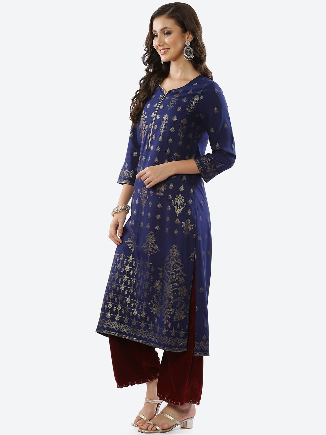 Biba Women Blue Ethnic Motifs Printed Rayon Kurta - Grab2buy