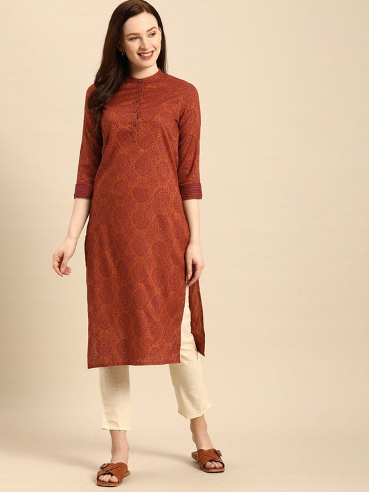 All About You Women Rust Brown Ethnic Motifs Printed Straight Kurta