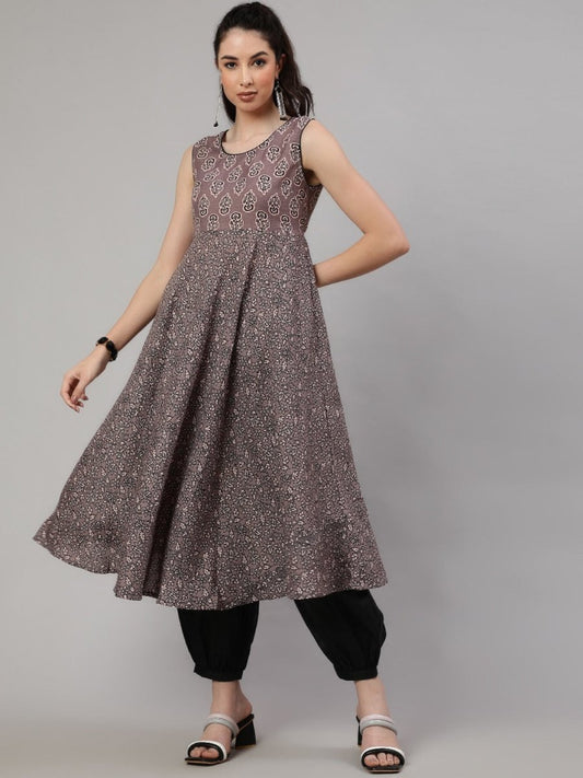 Aks Floral Printed Round Neck Anarkali Kurta & Salwar