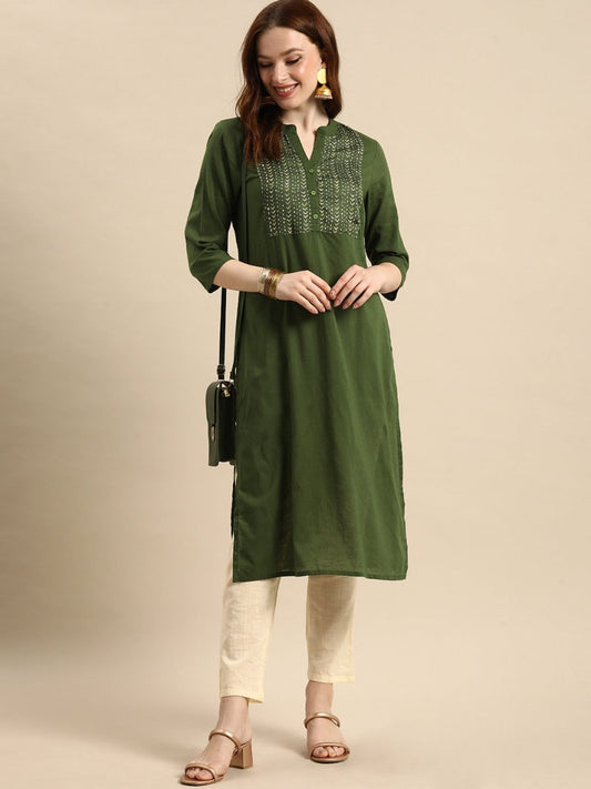 All About You Women Olive Green Geometric Yoke Design Pure Cotton Kurta