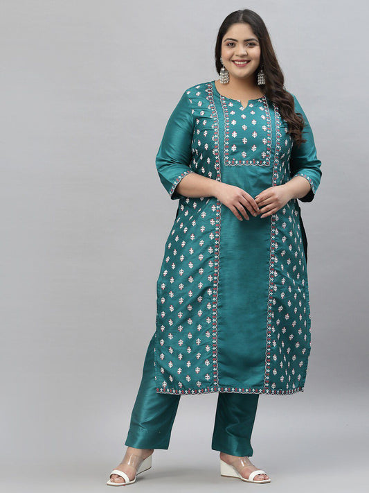 Sztori Plus Size Floral Printed Art Silk Kurta With Trousers