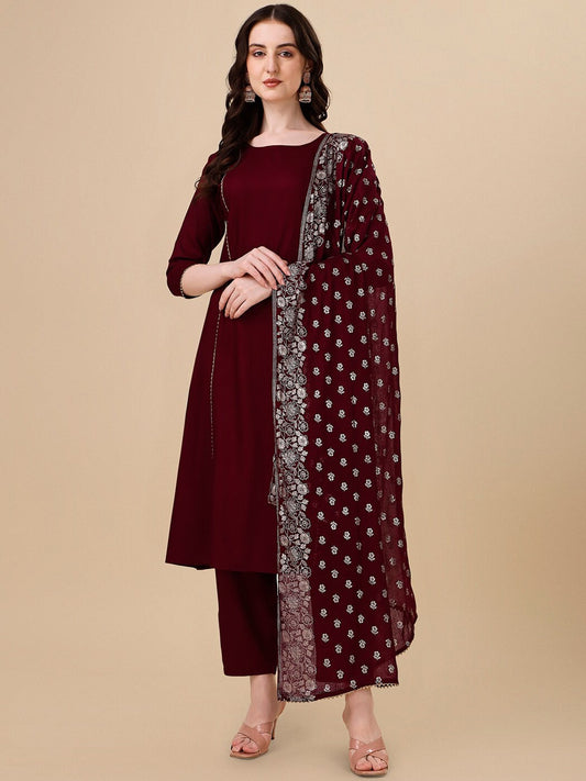 HERE&NOW Maroon & White Gotta Patti Kurta with Trousers & Dupatta