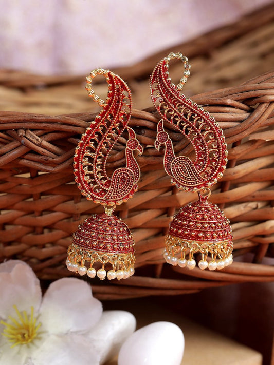 Anikas Creation Red & Gold-Polished Peacock Shaped Jhumkas Grab2Buy Anikas Creation Grab2Buy
