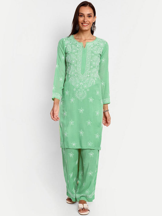 ADA Floral Embroidered Long Sleeves Regular Lucknowi Chikankari Kurta With Palazzos