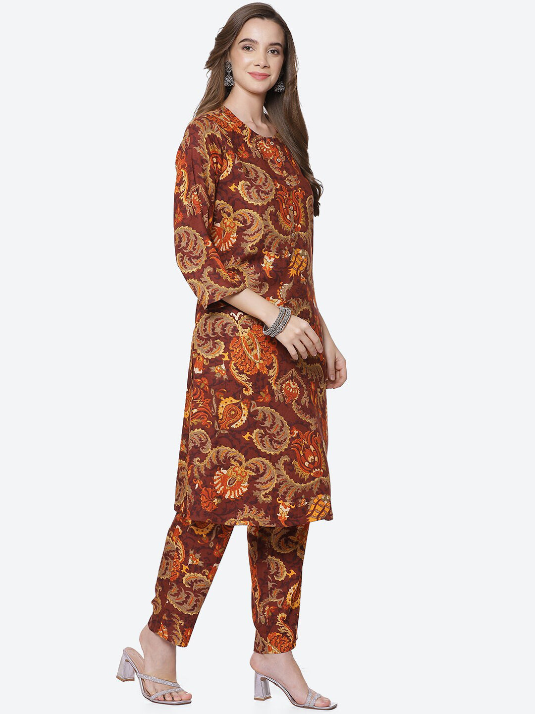 Biba Women Brown Ethnic Motifs Printed Kurta with Trousers - Grab2buy