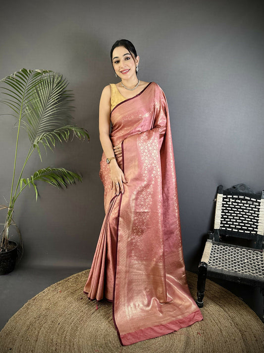 Joban Fashion Dusty Pink Floral & Paisley Motifs Soft Satin Silk Banarasi Saree