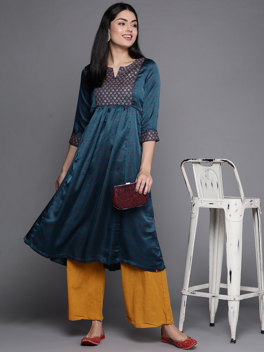 Biba Women Teal Geometric Embellished Kurta - Grab2buy