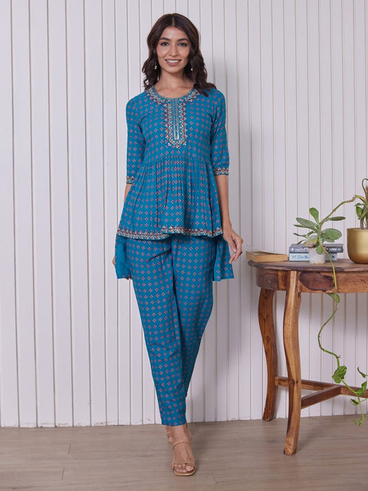 HERE&NOW Ethnic Motifs Embroidered Thread Work & Sequinned High-Low Kurti with Trousers