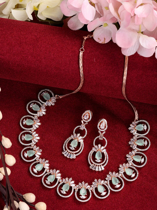 Saraf RS Jewellery Rose Gold-Plated & Sea Green American Diamond Studded Jewellery Set - Grab2buy