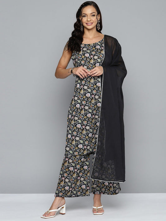 HERE&NOW Women Floral Printed Regular Pure Cotton Kurta with Palazzos & Dupatta