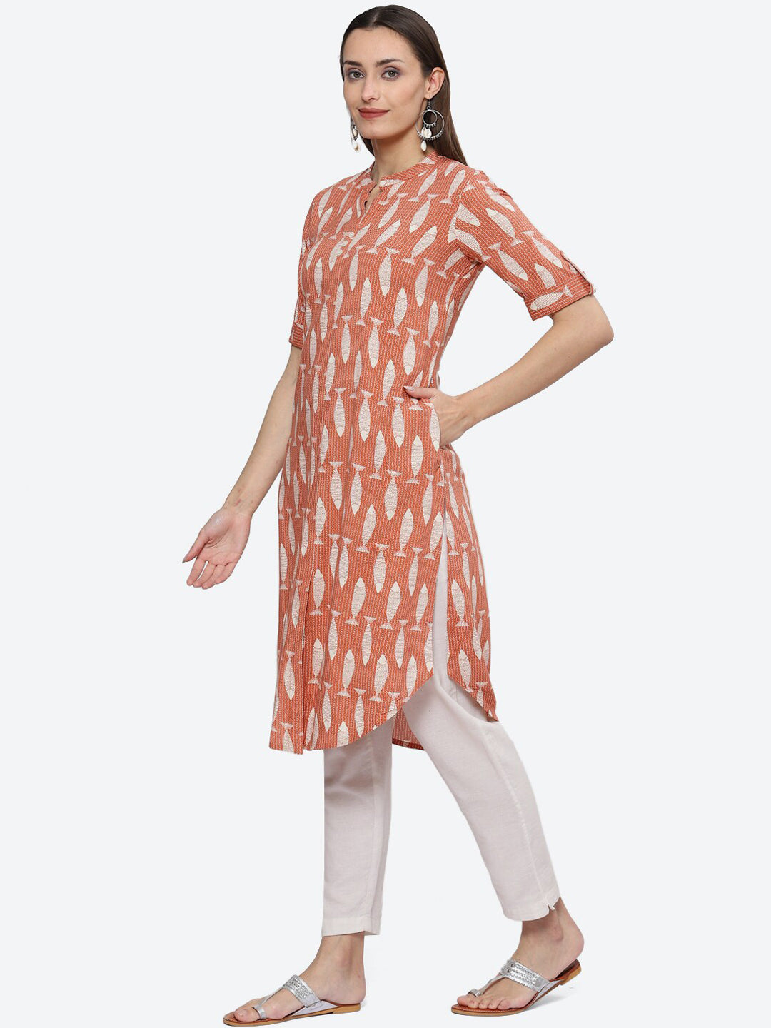 Biba Mandarin Collar Ethnic Motifs Printed A-Line Kurta - Grab2buy