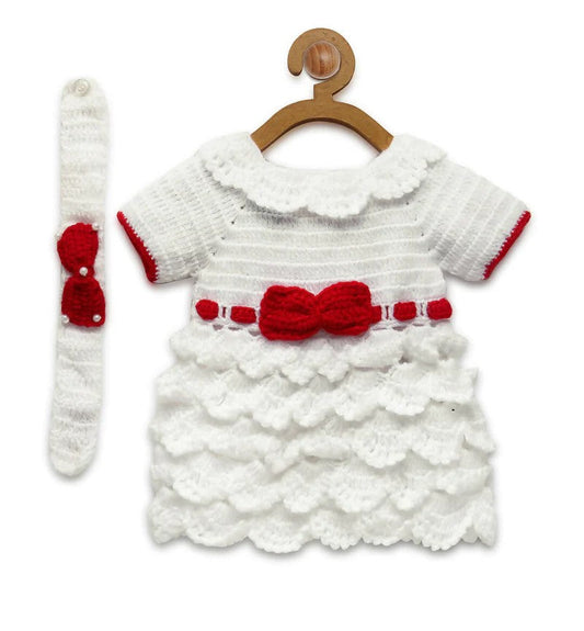 ChutPut Hand knitted Cinderella Wool Dress with Head band For Baby Girls - White