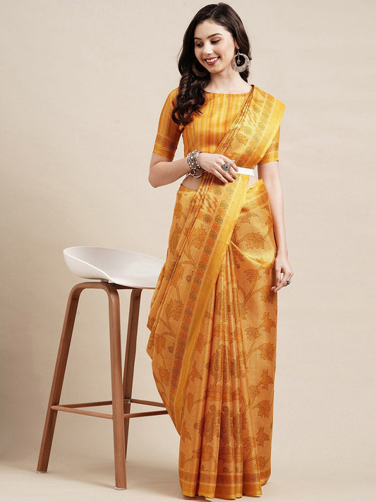 Saree Mall Yellow Floral Printed Bhagalpuri Saree