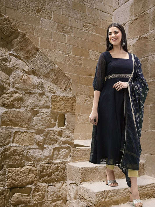 All About You Square Neck Dobby Weave A-Line Kurta With Dupatta