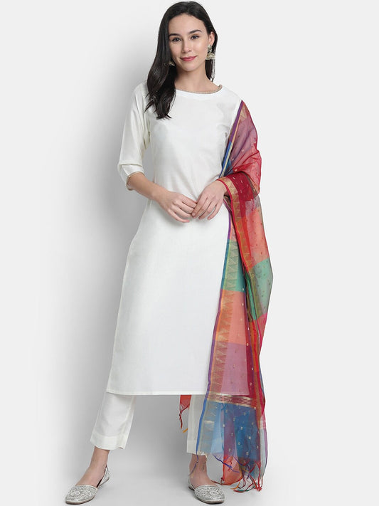 Janasya Women White Solid Kurta with Trousers & Dupatta