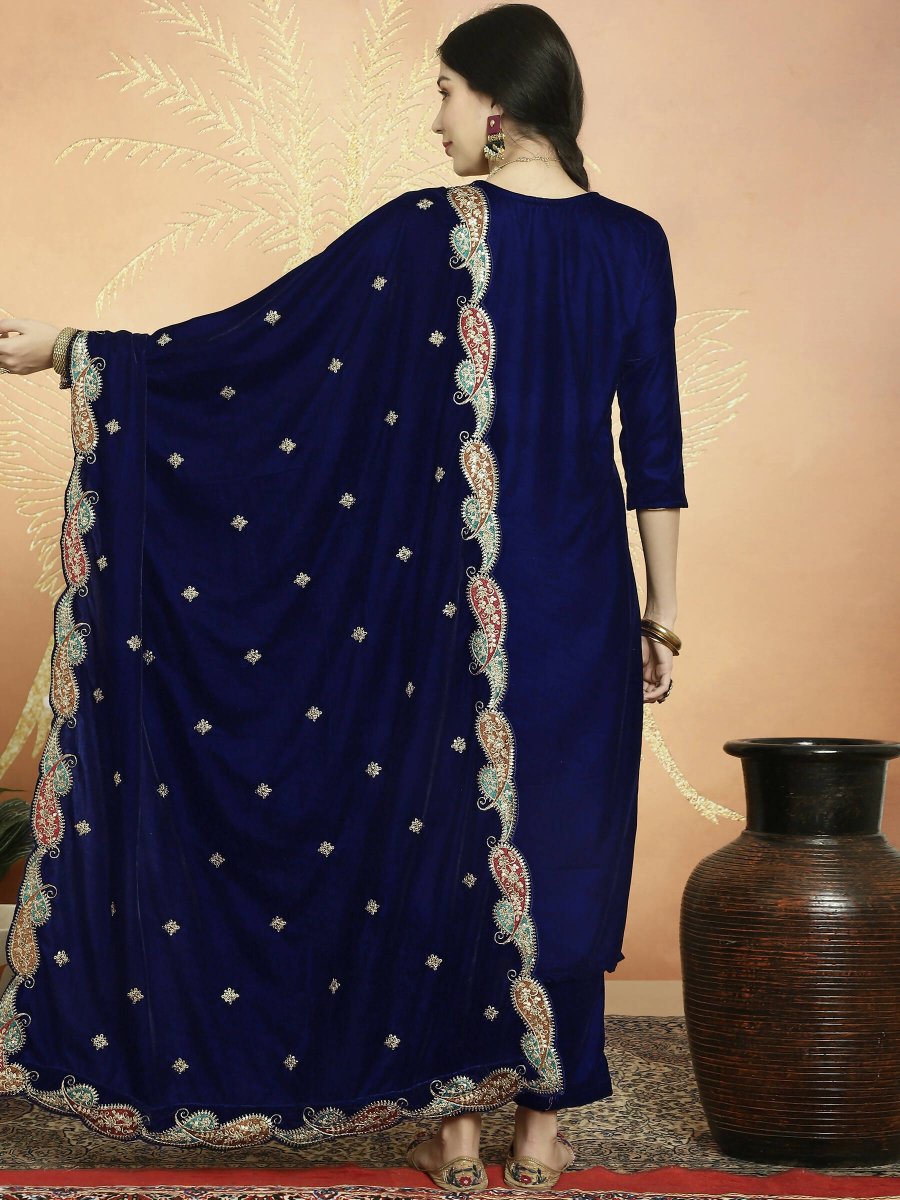 Aastha Fashion Women's Navy Blue Velvet Cording with Resham Thread & Sequin Kurta with Trouser & Dupatta - Grab2buy