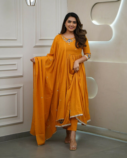 The52 Orange Women's Gorgeous Viscose Fabric Embroidered Work Flared Kurta Pant and Dupatta Set | Grab2Buy