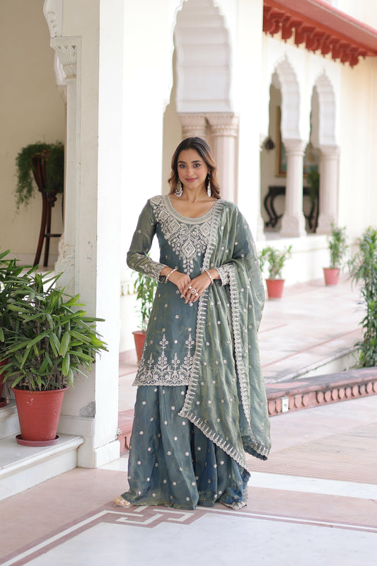 Joban Fashion Grey Readymade Kurta Set With Sequence embroidery Work