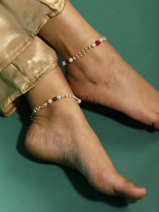 Gold-Plated Pink White Pearl Beaded Anklets Set Of 2 - Ruby Raang - Grab2buy